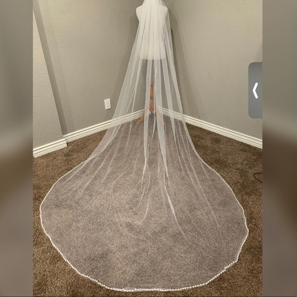 Ivory, cathedral, soft net veil with large pearl and crystal edge.